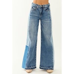 Kancan Medium Wash Contrast Side Panel Wide Leg Jeans 24